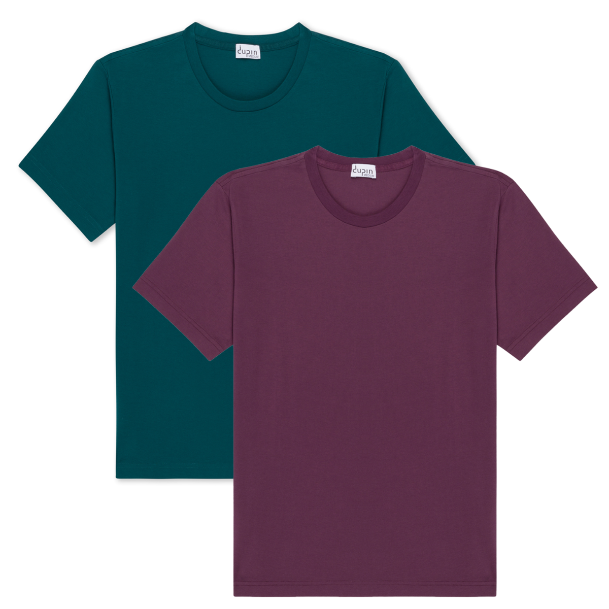 Two t-shirts are bundled. One shirt is a deep opal or a blue green color the second is a Light Aubergine or brown purple color. Both t-shirts are crew neck with short sleeves.