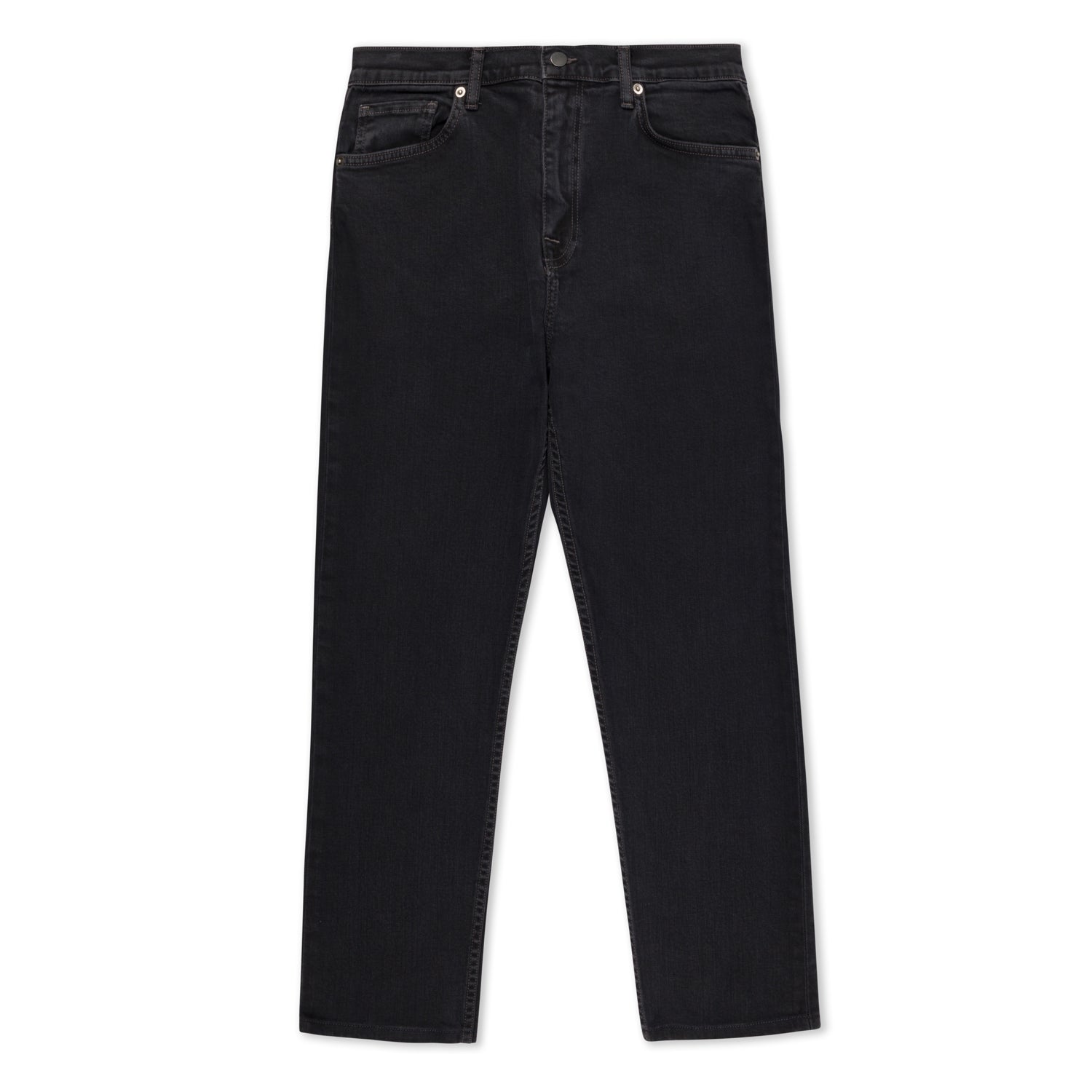 The image is a charcoal black stretch denim jean. It has a standard 5-Pocket design, with a straight leg. The inseam is 27 inches. There is gunmetal hardware. This is the front view.