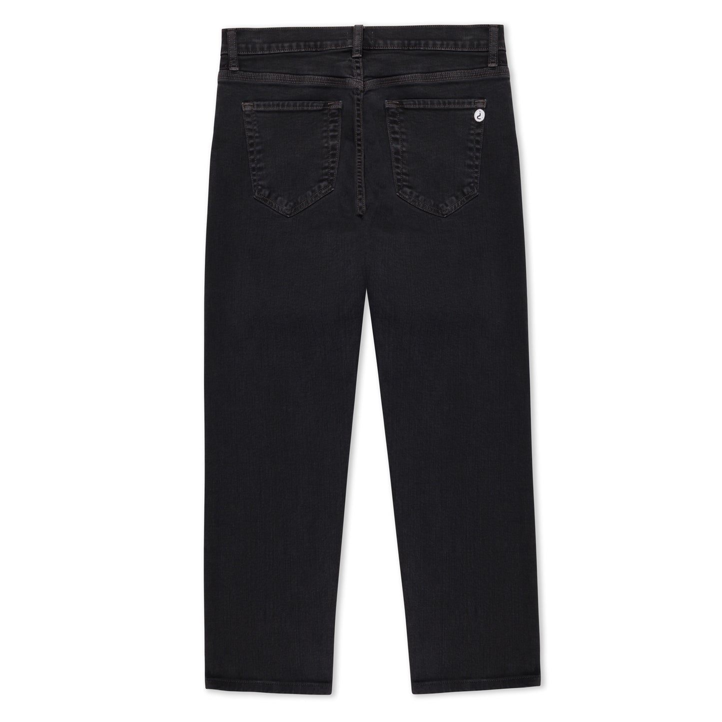 This is the back view of charcoal black stretch denim jeans. It has a 5-pocket style. Proportional the back pockets are good fro someone who is shorter. There is an Embroidery circular patch of an inverted question mark dupin symbol. The inseam is 27 inches. The legs are straight cut.