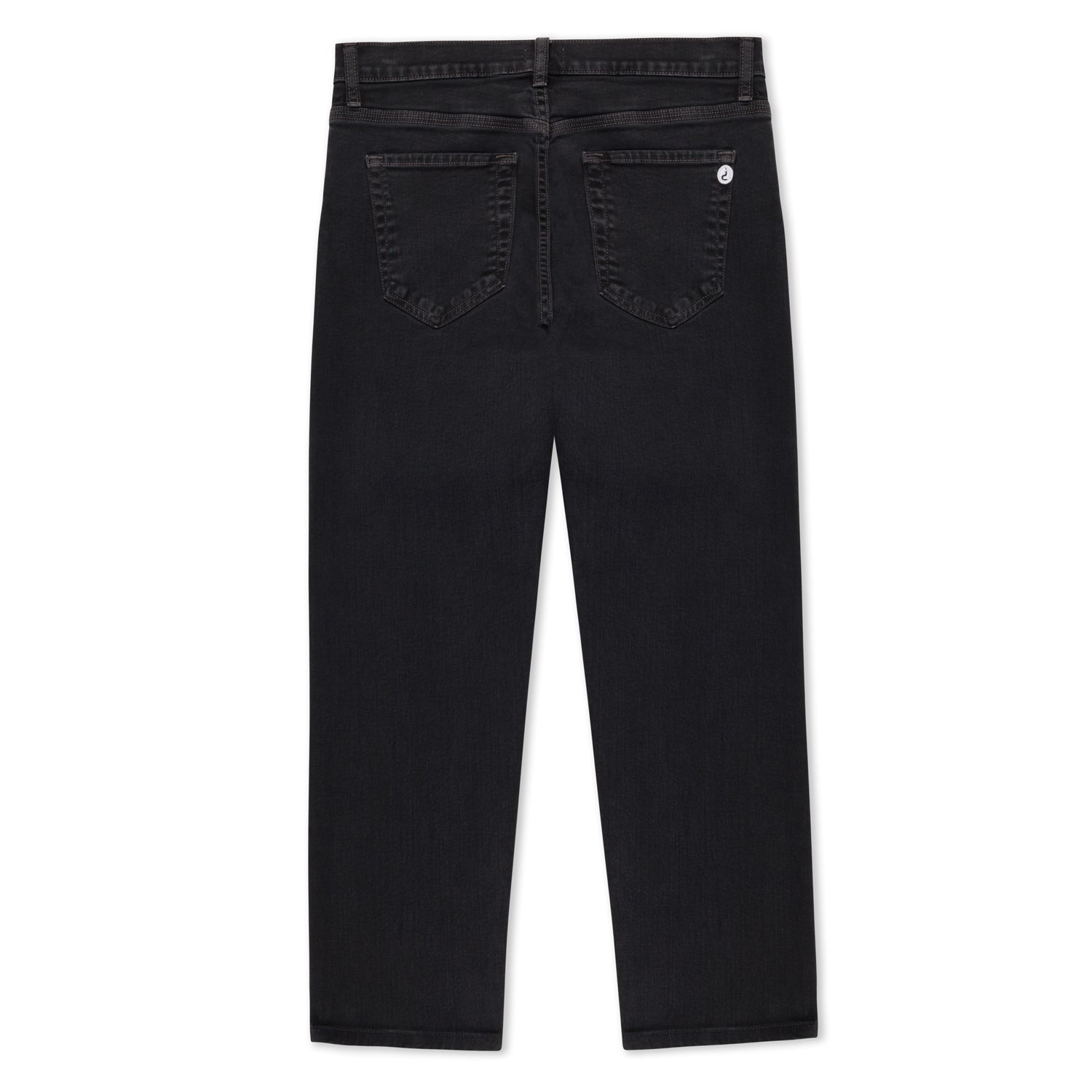 This is the back view of charcoal black stretch denim jeans. It has a 5-pocket style. Proportional the back pockets are good fro someone who is shorter.  There is an Embroidery circular patch of an inverted question mark dupin symbol. The inseam is 27 inches. The legs are straight cut.
