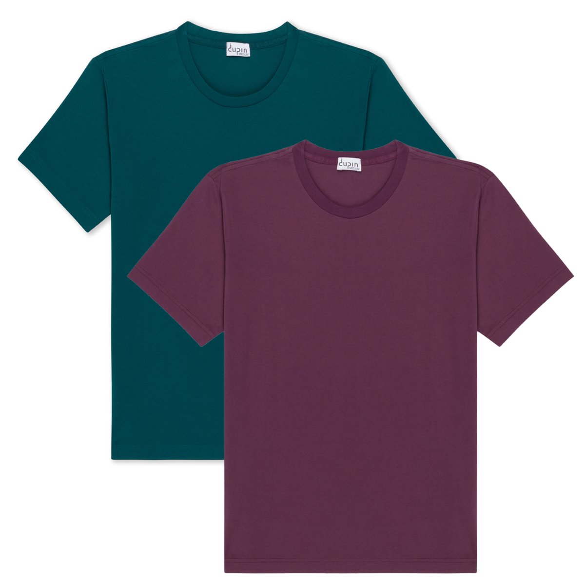 Two t-shirts are bundled. One shirt is a deep opal or a blue green color the second is a Light Aubergine or brown purple color. Both t-shirts are crew neck with short sleeves. 