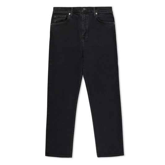 The image is a charcoal black stretch denim jean. It has a standard 5-Pocket design, with a straight leg. The inseam is 27 inches. There is gunmetal hardware. This is the front view.
