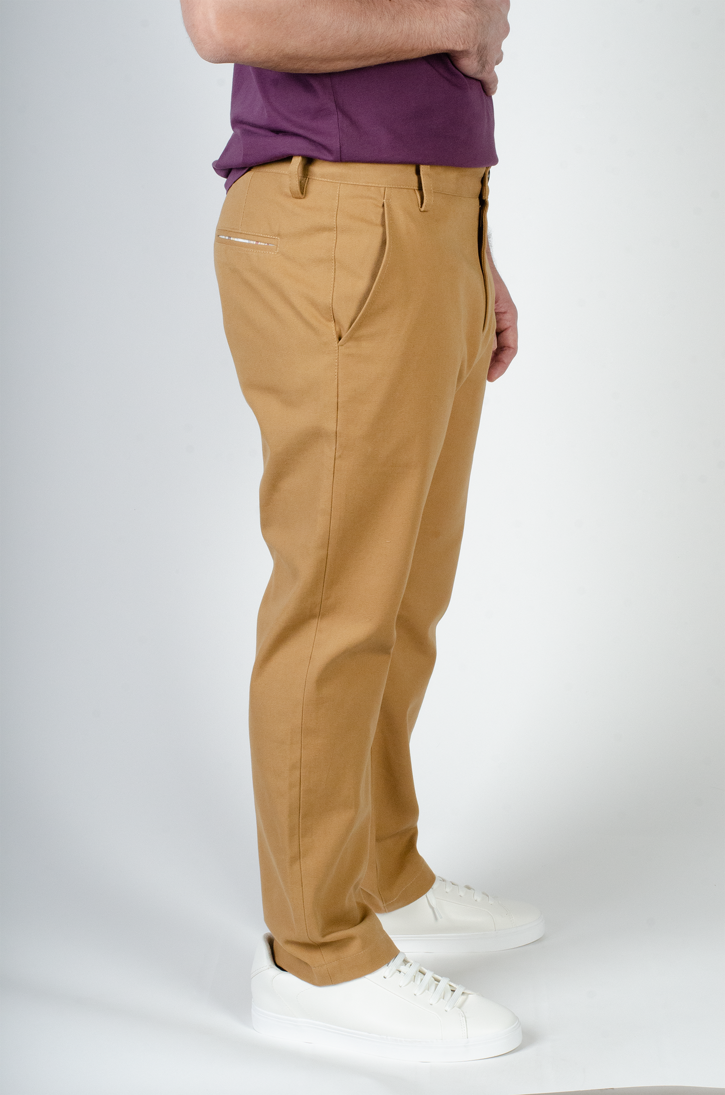 Side view stretch chino pant, tapered leg, slant pockets, welt pocket in back