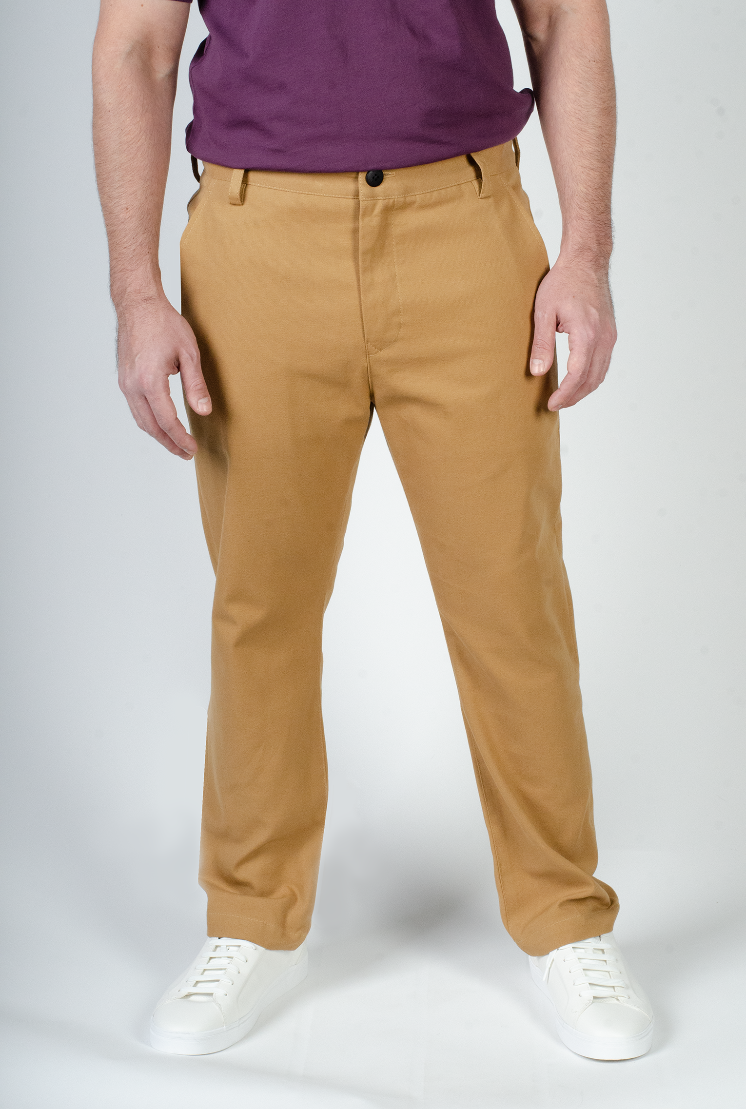 Straight leg, stretch canvas, 27" Inseam, front slant pockets, hickory color, black center front button