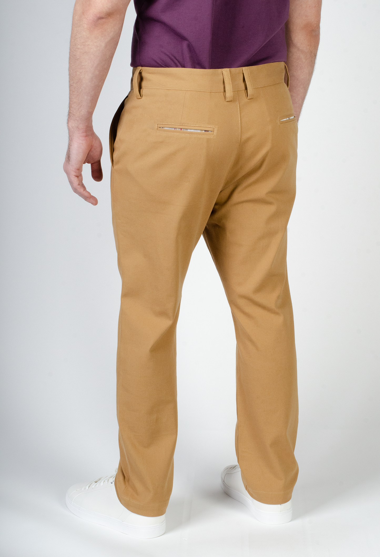 Back view, stretch chino, double belt loop at center back, welt pockets 27" inseam