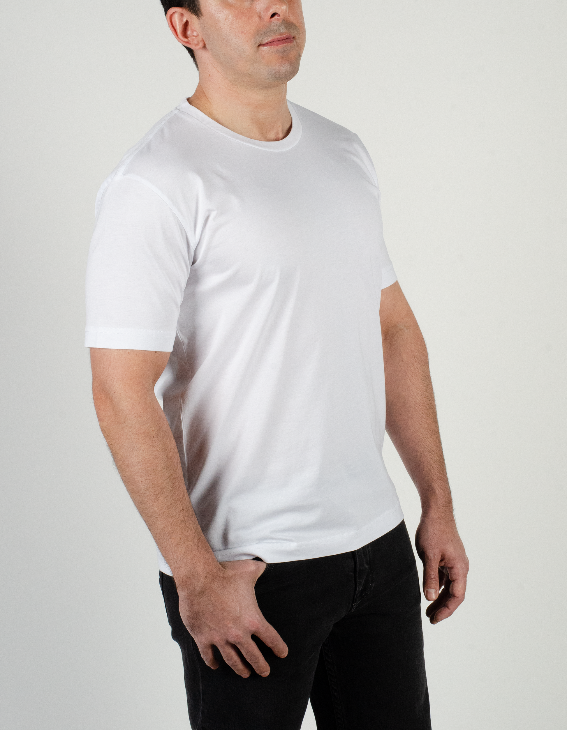 Side view of white short sleeve t-shirt with crew neck